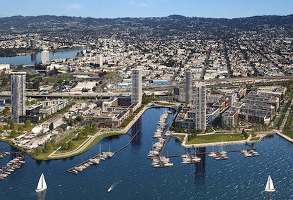 Aerial view of waterfront real estate in Brooklyn Basin, Oakland, California