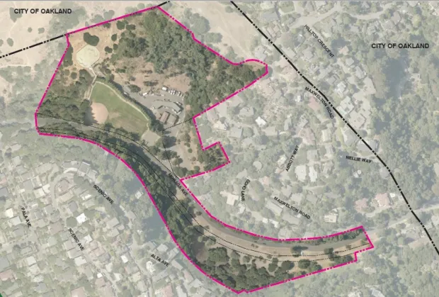 Aerial view of the Moraga Canyon Specific Plan area in Piedmont, California, showing Moraga Avenue, recreation areas and surrounding hillside neighborhoods.