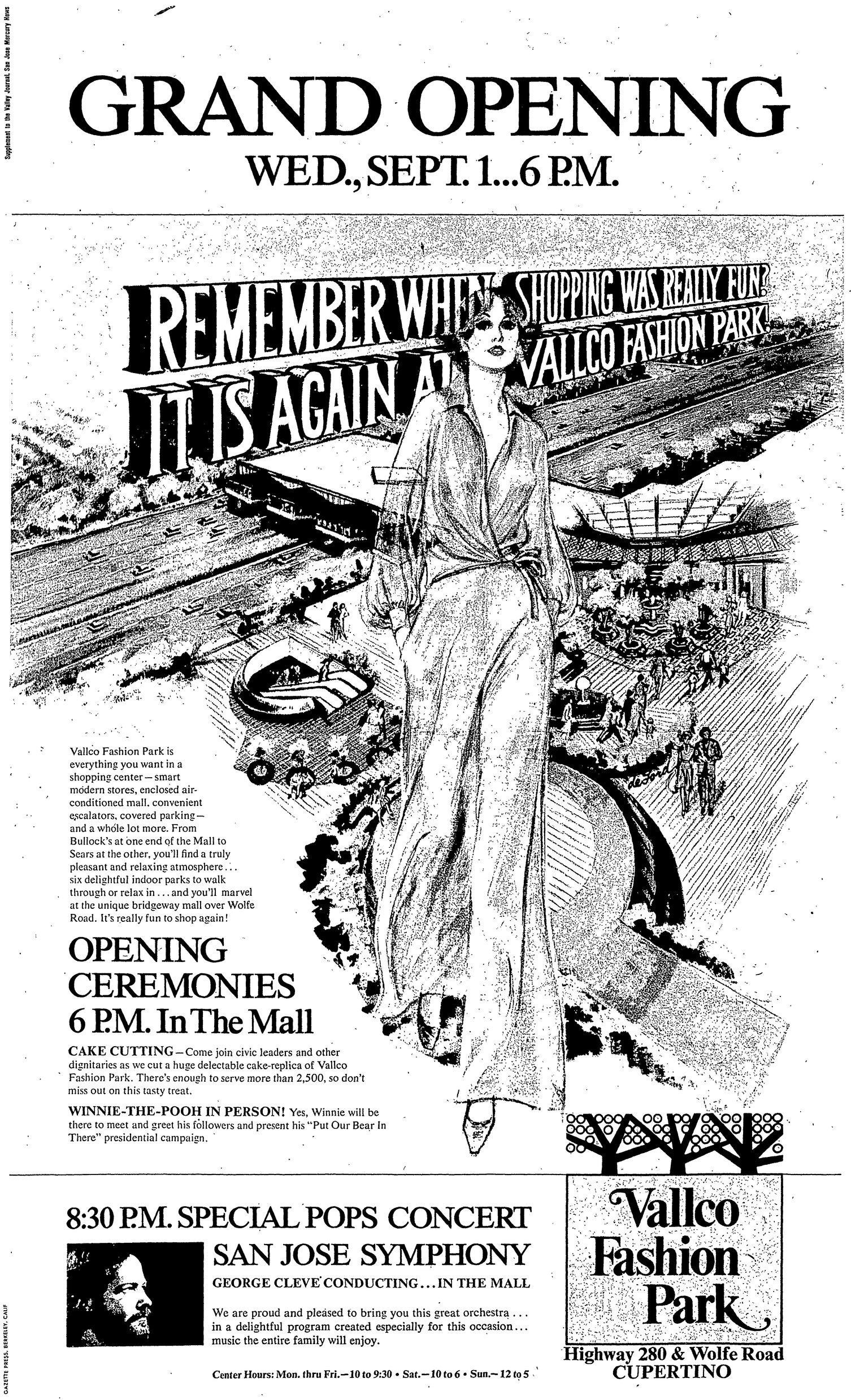 Vintage 1976 newspaper advertisement announcing the grand opening of Vallco Fashion Park in Cupertino with opening ceremonies and San Jose Symphony concert
