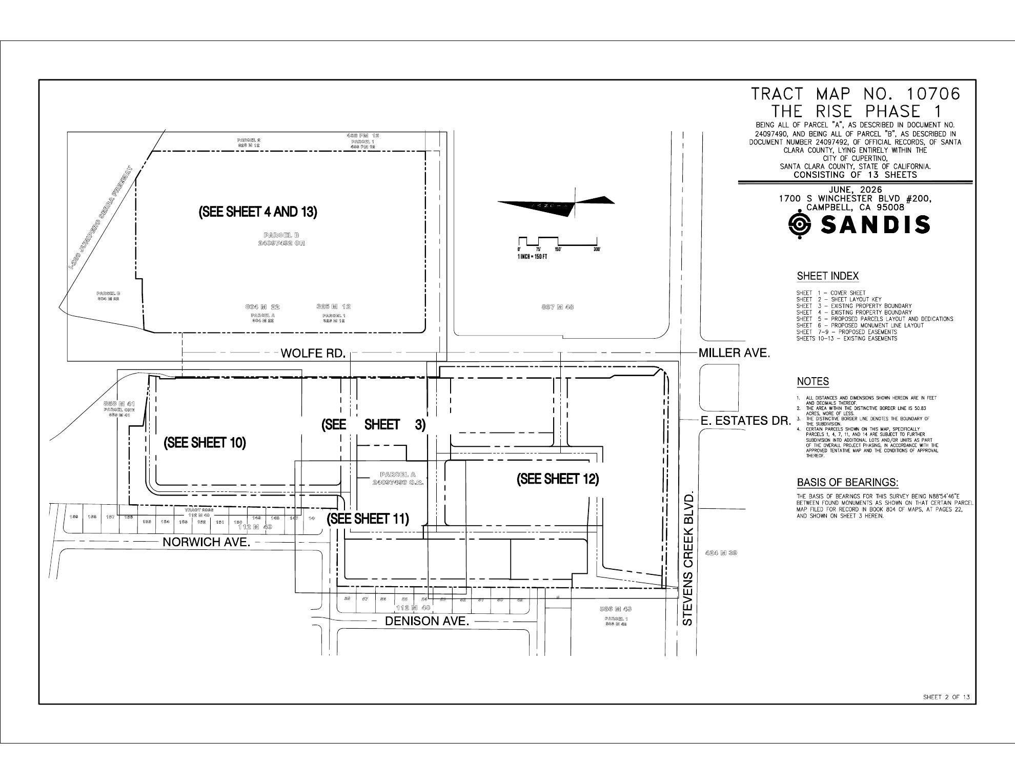 The Rise Cupertino Phase 1 Final Map Tract 10706 overview showing Wolfe Road and Stevens Creek Boulevard